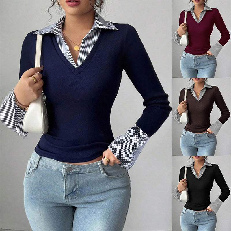Womens Long-Sleeve Fashionable Casual Lapel T-Shirt