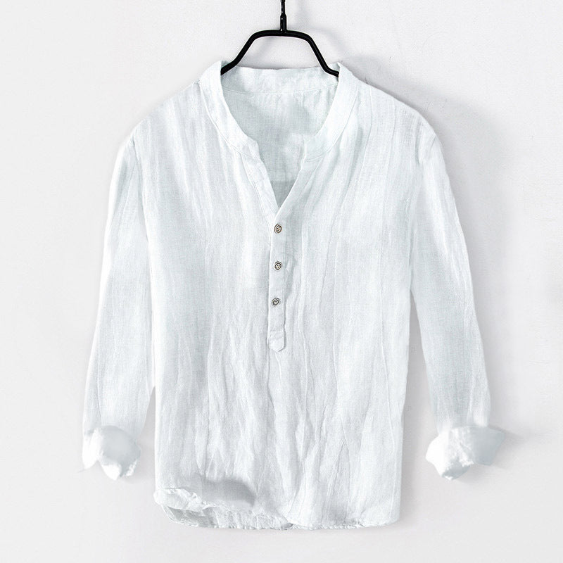 Mens Solid-Color Stand-Collar Cotton-Linen Shirt