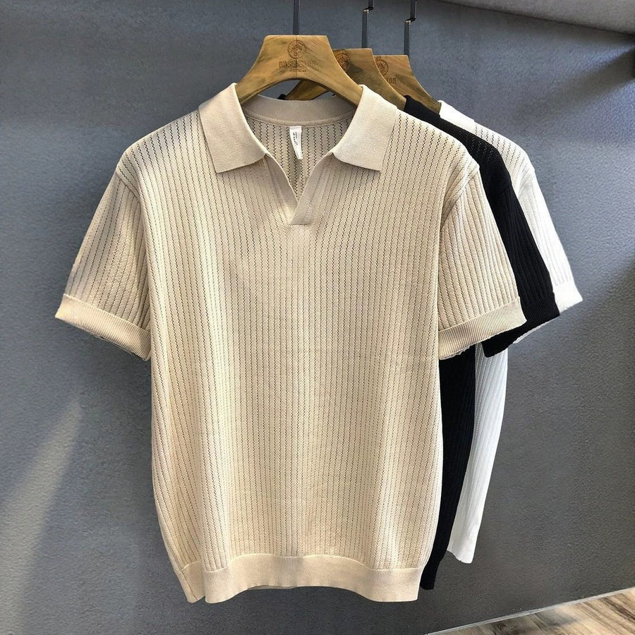 Mens Apricot Hollow-Out Lapel Short-Sleeve T-Shirt With Diamond Pattern